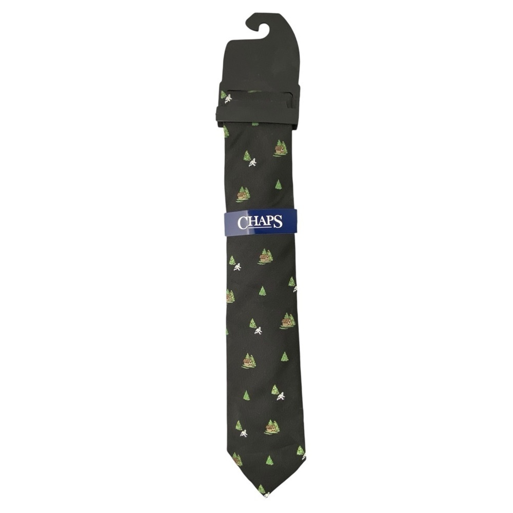 NWT Chaps Yeti Cabin Christmas Fir Tree Print Black Novelty Tie